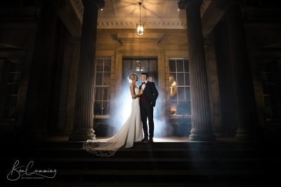 Bride and groom twilight wedding photo at oulton hall leeds