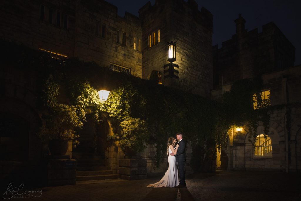 Bride and Groom at night at Hazlewood Castle