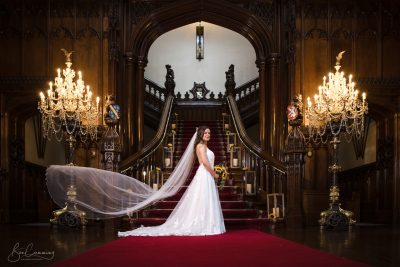 A Bride with her wedding veil at Allerton Castle