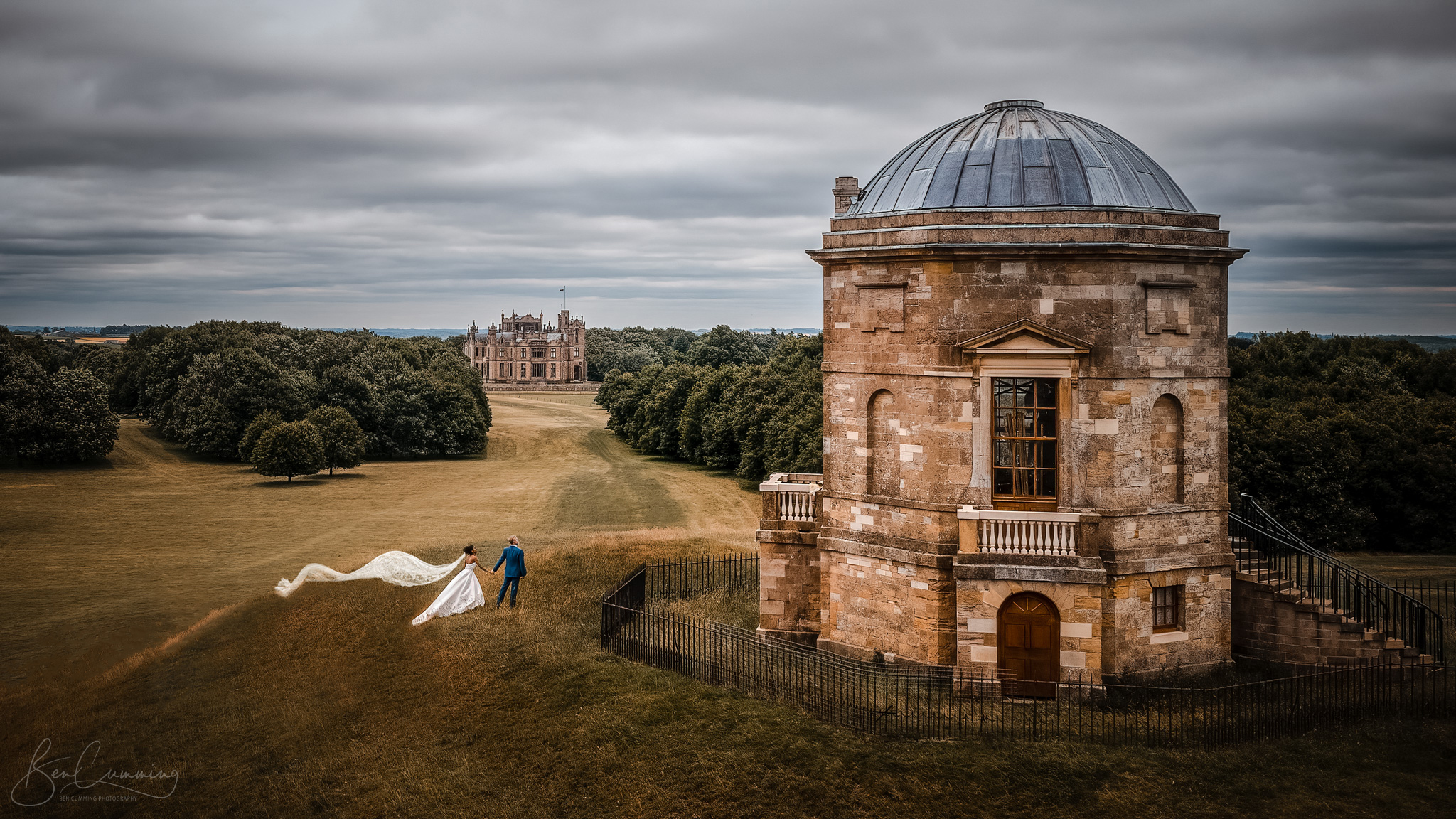Bride and Groom Drone Portrait at Allerton Castle