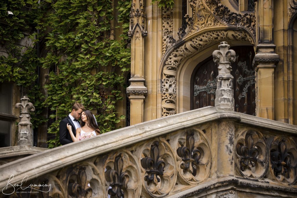 A bride and groom posing at Carlton Towers for their wedding photos.