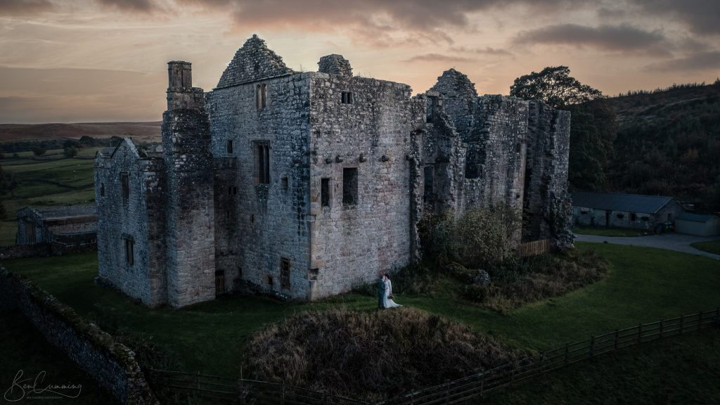 Drone Wedding Photo of two brides at Barden Tower