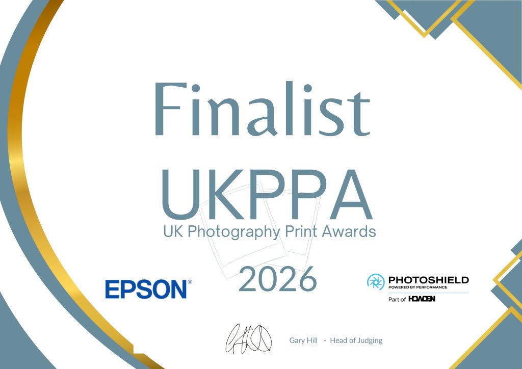 certificate for a uk photography print awards (ukppa) 2026 finalist, about excellence in photography, featuring logos for epson, photoshield (part of hanem), and gary hill’s signature, with modern blue and gold design elements. ben cumming photography wedding photographer yorkshire