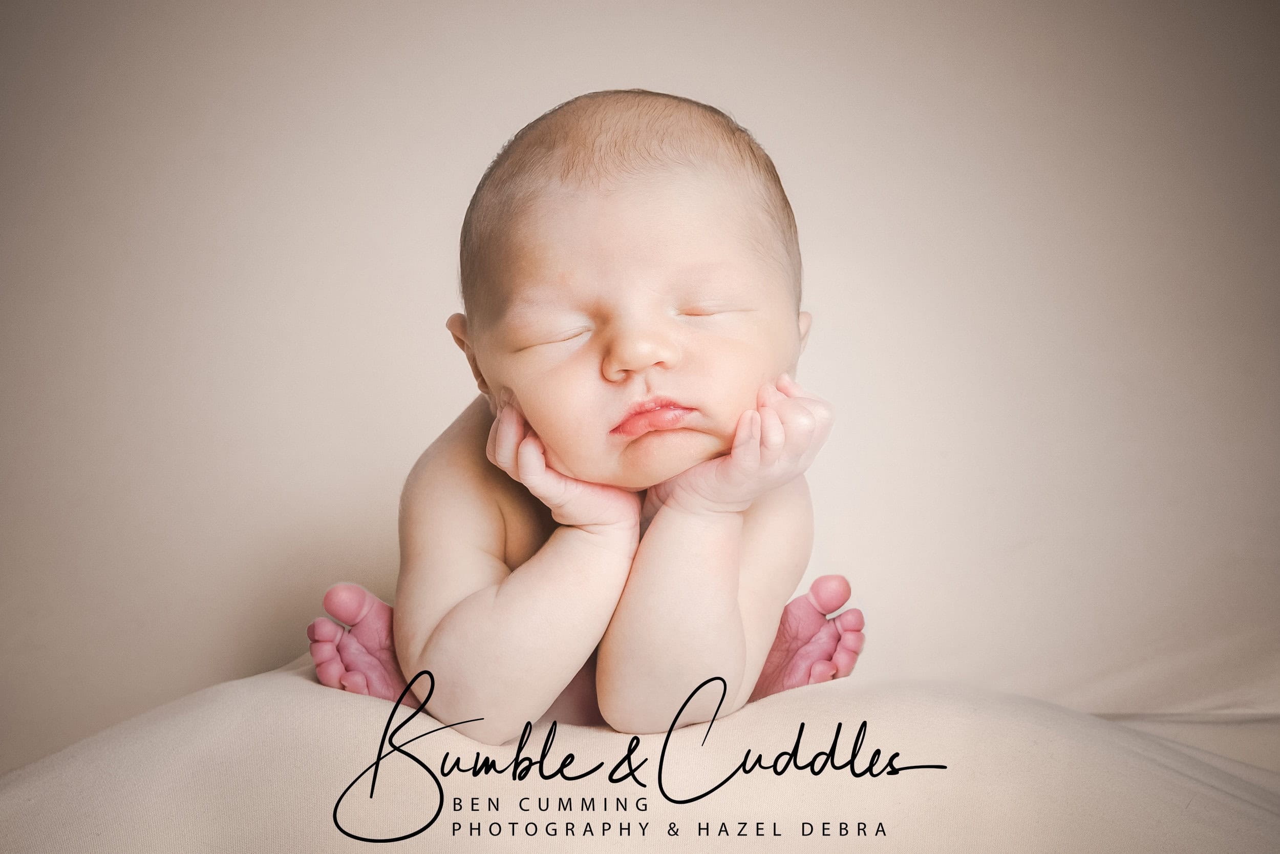 a newborn baby rests with chin on hands and eyes closed, posed on a soft surface against a neutral background—a serene moment of newborn photography. the logo "bumble & cuddles" and photography credits appear at the bottom. ben cumming photography wedding photographer yorkshire