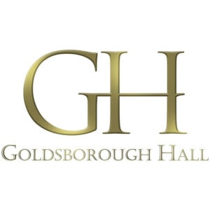 gold letters "gh" above the words "goldsborough hall" written in uppercase, elegant font on a white background. ben cumming photography wedding photographer yorkshire