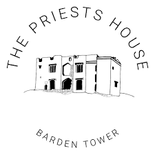 line drawing of a historic building with "the priests' house" curved above and "barden tower" below in capital letters. ben cumming photography wedding photographer yorkshire