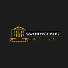 logo for waterton park hotel & spa featuring a stylised yellow building and bridge above wavy lines, with the text "waterton park hotel • spa" on a black background. ben cumming photography wedding photographer yorkshire